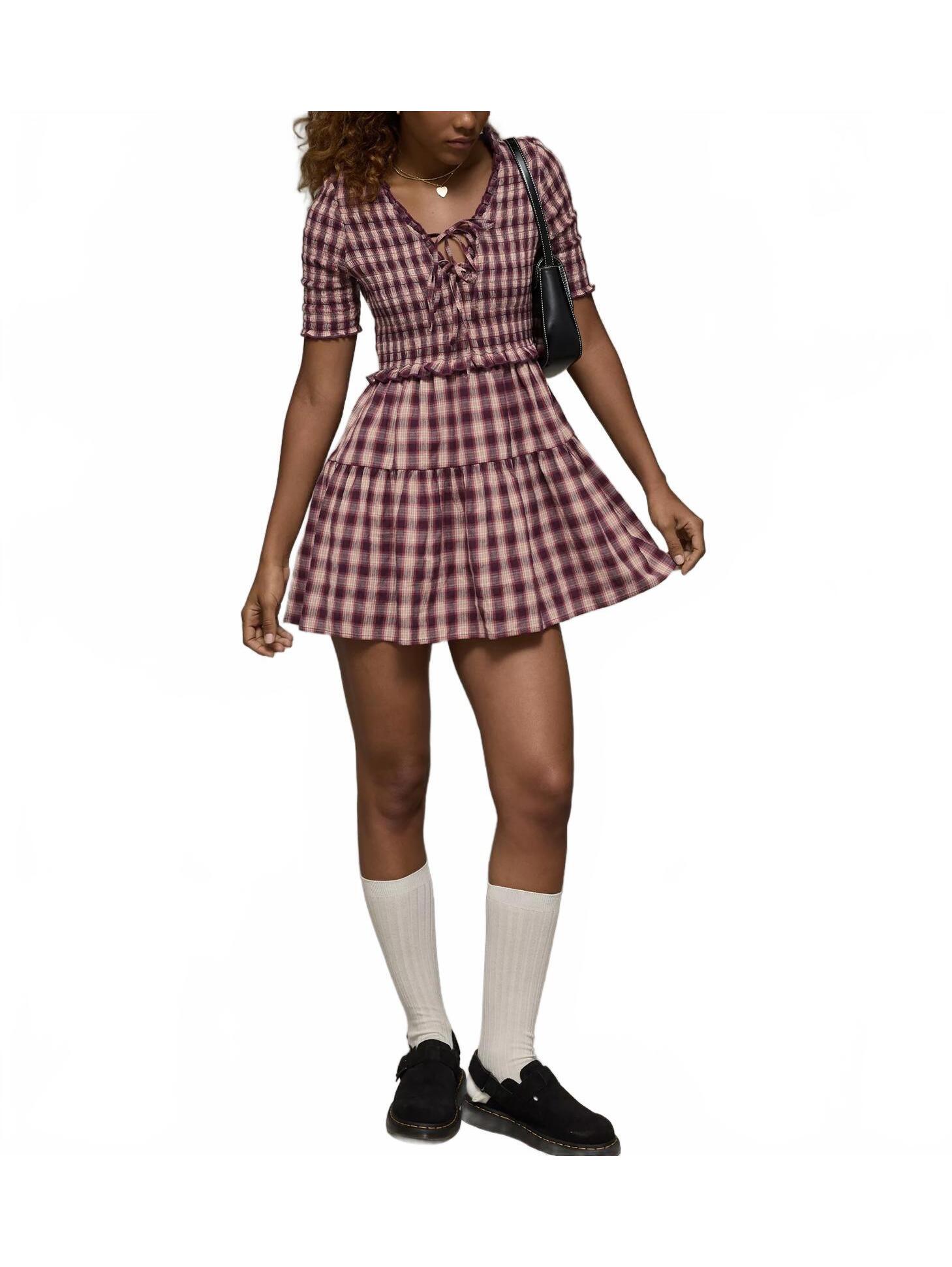 Ae Puff Sleeve Tie Front Plaid Mini Dress American Eagle Pink Nwt Burgundy Xxl